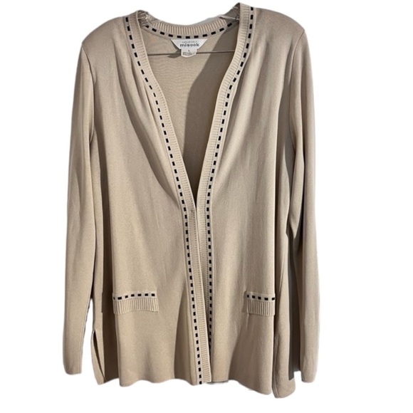 Misook Sweaters - Exclusively Misook Women Long Sleeve Line Dot Trim Cardigan Sweater Beige Sz L
